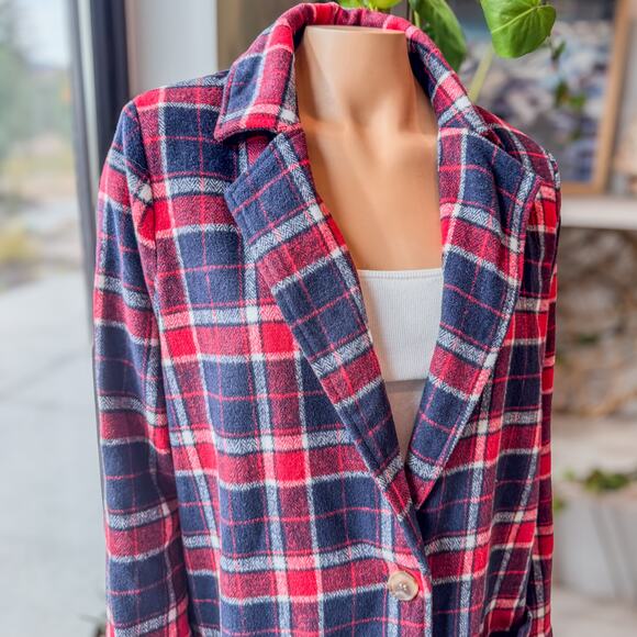 Hem & Thread Red & Navy Plaid Flannel Trench Style Coat Jacket, Women's Small - Picture 4 of 10